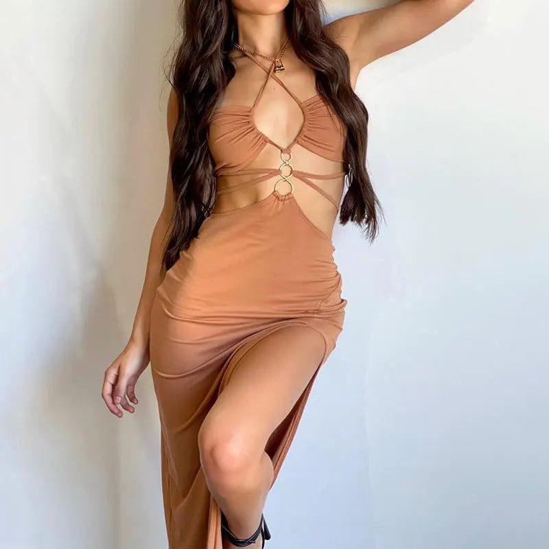 Hollow Out Tied High Slit Dress